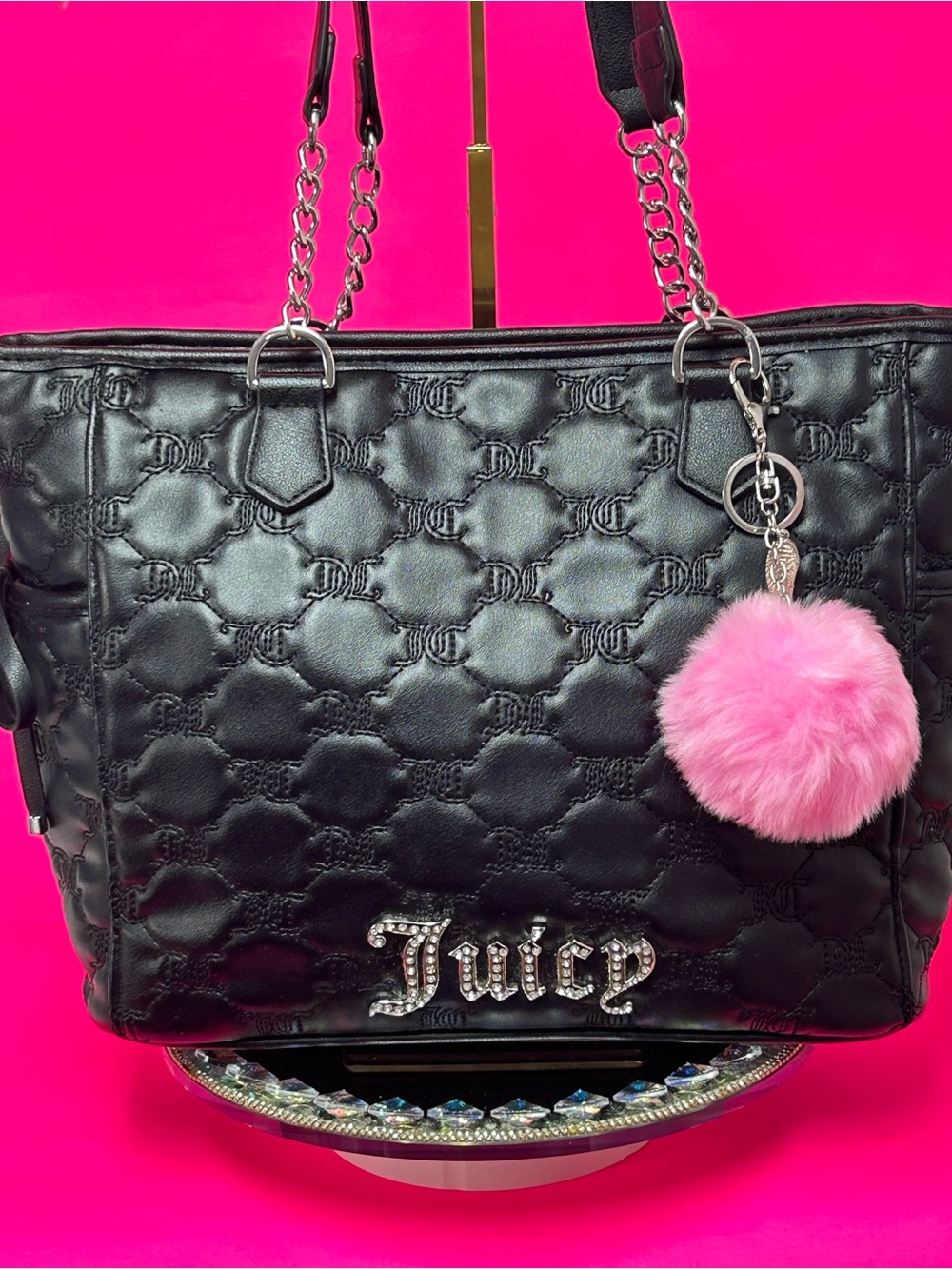 Juicy Couture Black Quilted Tote with Pink Pom Charm Approx. 17 x 10.5 x 6